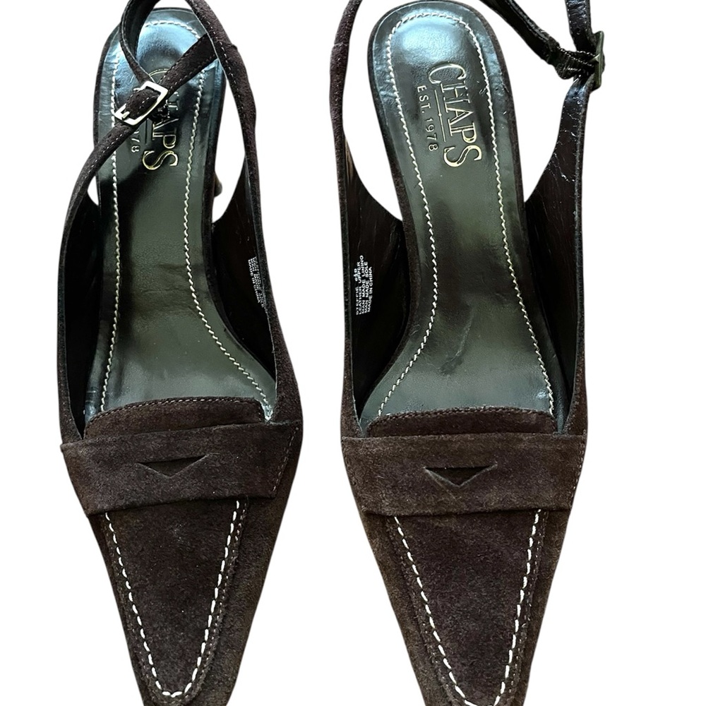 Chaps Dark Brown Suede Slingback Heels sz 6.5 B Pointed Toe